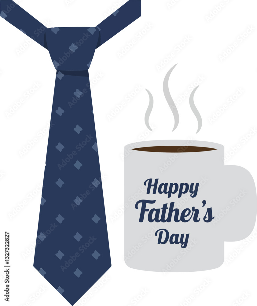 A navy blue tie and a coffee mug with steam, featuring a Fathers Day greeting in a minimal flat design vector illustration