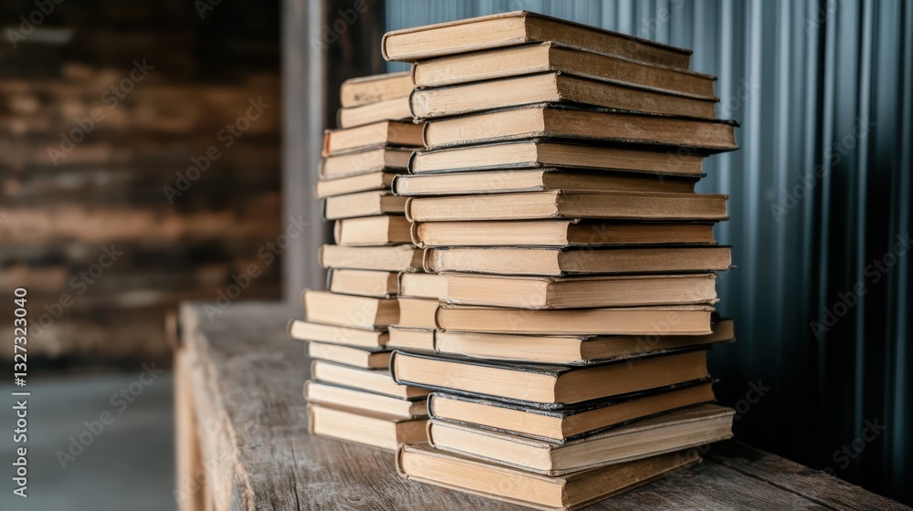 An artful arrangement of old books stacked on a rustic wooden table, evoking feelings of nostalgia, knowledge, and a timeless connection to literary adventures and exploration. An artful arrangement of old books stacked on a rustic wooden table, evoking feelings of nostalgia, knowledge, and a timeless connection to literary adventures and exploration.