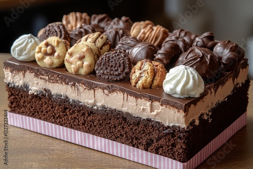 Elaborate chocolate cake topped with an assortment of cookies and chocolate candies in perfect harmony photo