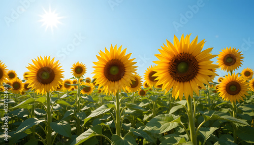 Vibrant landscape of a blooming sunflower field stretching under a bright blue sky, symbolizing positivity, summer and nature’s beauty in a warm golden scene
