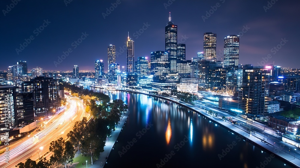 Fototapeta premium Stunning Night View of Modern City Skyline with Bright Lights Reflecting on Calm River : Generative AI