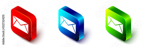 Isometric Mail and e-mail icon isolated on white background. Envelope symbol e-mail. Email message sign. Red, blue and green square button. Vector