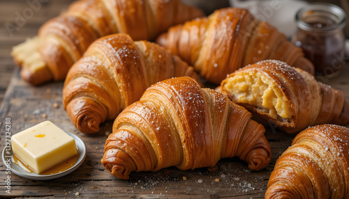 Freshly baked golden-brown croissants served on a rustic wooden table, with flaky, buttery texture and crispy layers, perfect for breakfast or brunch