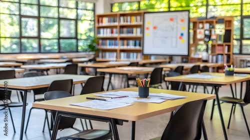 Wallpaper Mural Bright and Inviting Classroom Environment with Wooden Tables and Chairs Surrounded by Greenery Torontodigital.ca
