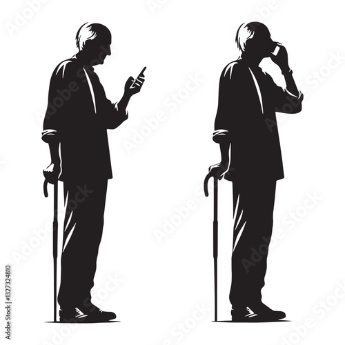 Classic Old Man Silhouette Using Mobile Phone, blending tradition with technology - Old Man illustration - Minimalist Old Man vector - Wise digital user
