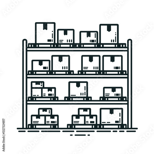 Warehouse storage shelves filled with packaged goods for inventory management
