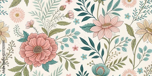 Floral Pattern Pink and Blue Flowers, Leaves on Cream Background, vintage , wallpaper