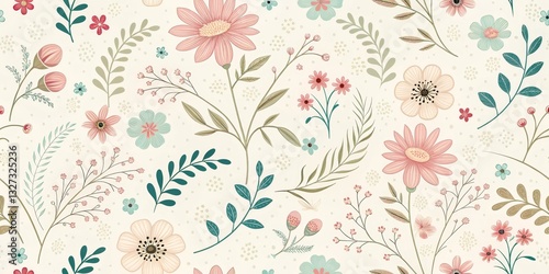 Floral Delight Pastel Flowers and Leaves Seamless Pattern on Cream Background, Spring, Botanical