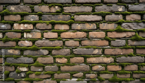 Close-up of an old weathered brick wall covered in patches of green moss, showing rustic, aged textures and natural urban decay aesthetics