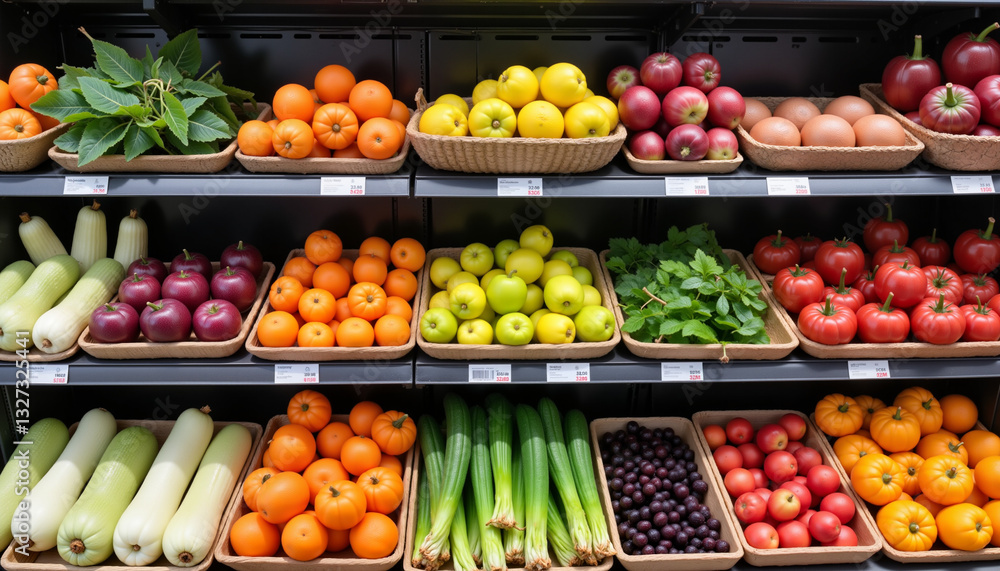 Vibrant seasonal fruits and vegetables displayed in grocery store, fresh shopping Vibrant seasonal fruits and vegetables displayed in grocery store, fresh shopping