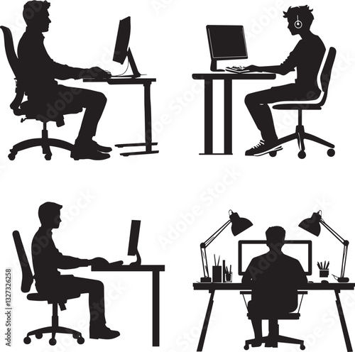 Person Sitting at Computer silhouette vector