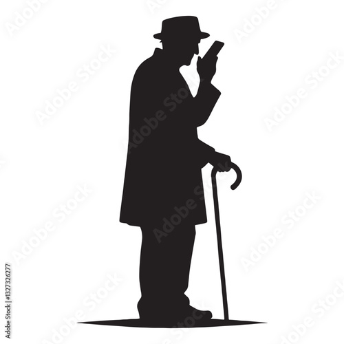 Casual Old Man Silhouette Using Mobile Phone, adapting to modern communication - Old Man illustration - Minimalist Old Man vector - Easygoing senior
