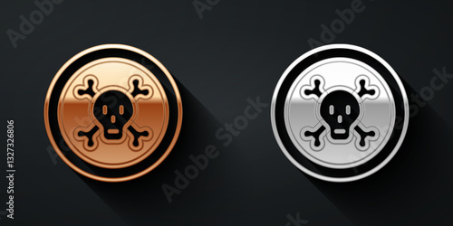 Gold and silver Bones and skull as a sign of toxicity warning icon isolated on black background. Long shadow style. Vector