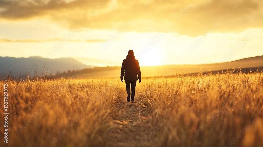 Person Walking Alone in a Golden Field Under a Beautiful Sunrise with Mountains in the Background : Generative AI Person Walking Alone in a Golden Field Under a Beautiful Sunrise with Mountains in the Background : Generative AI