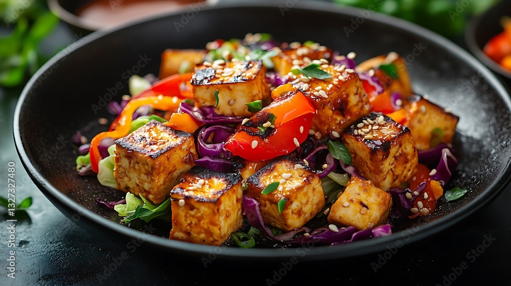 A fresh tofu wrap, packed with colorful bell peppers, shredded cabbage, and lightly grilled tofu cubes, served with a drizzle of homemade peanut sauce, A fresh tofu wrap, packed with colorful bell peppers, shredded cabbage, and lightly grilled tofu cubes, served with a drizzle of homemade peanut sauce,