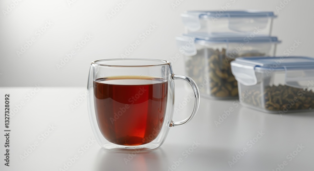 Drinking Hot Herbal Tea From Glass Cup with Food Storage Drinking Hot Herbal Tea From Glass Cup with Food Storage