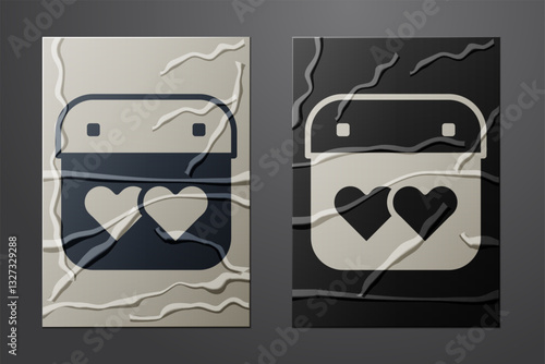 White Calendar with heart icon isolated on crumpled paper background. Valentines day. Love symbol. February 14. Paper art style. Vector