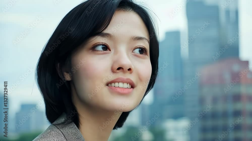 A woman with a serious expression is looking out a window A woman with a serious expression is looking out a window