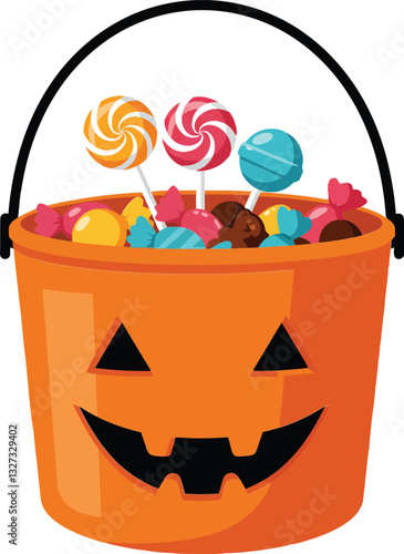 Halloween-themed orange bucket filled with colorful candies and lollipops in a flat vector illustration design