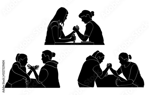 Girls hands clasped, arm wrestling, unequal match, set of women silhouettes