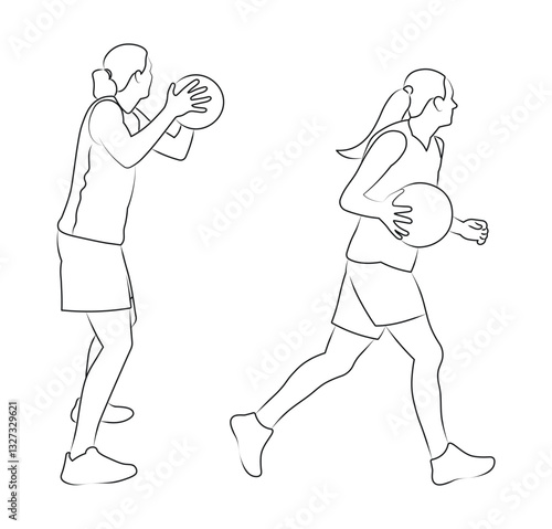 Sketch of silhouette of girls basketball players, outline of female figure