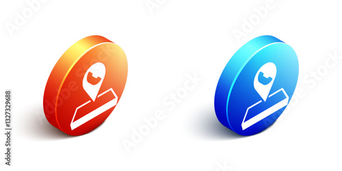 Isometric Map pointer with telephone or communication icon isolated on white background. Call center location. Orange and blue circle button. Vector
