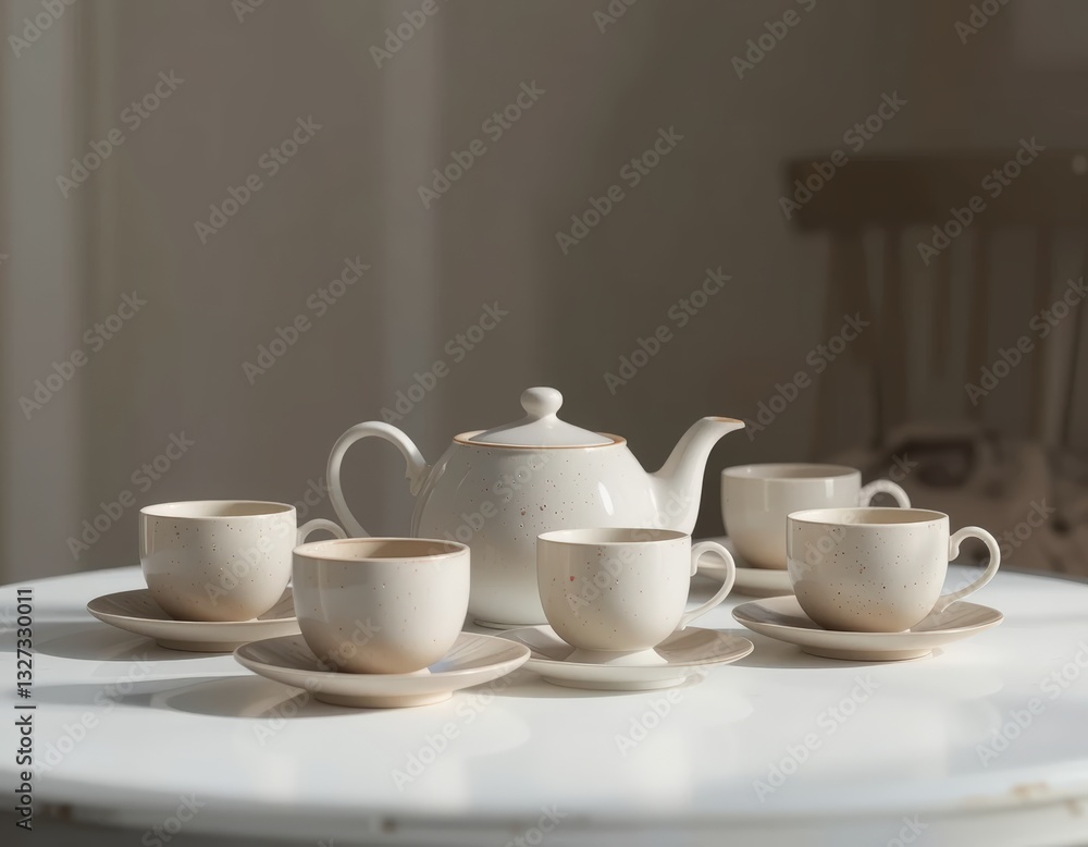 Elegant Tea Set Arrangement with Teapot and Cups on Table Elegant Tea Set Arrangement with Teapot and Cups on Table