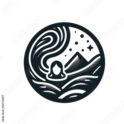 Artistic representation of activated charcoal with a serene landscape and a meditative figure, wellness and detox concept, copy space