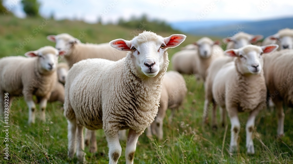Group of sheep grazing peacefully on a hill overlooking a serene landscape : Generative AI Group of sheep grazing peacefully on a hill overlooking a serene landscape : Generative AI