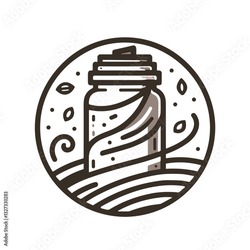 Chocolate protein shake in a bottle illustration with flowing design elements, healthy lifestyle concept, copy space