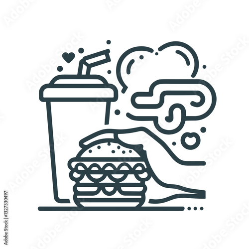 Illustration of a hand reaching for a burger and a drink, symbolizing fast food addiction, unhealthy choices, copy space