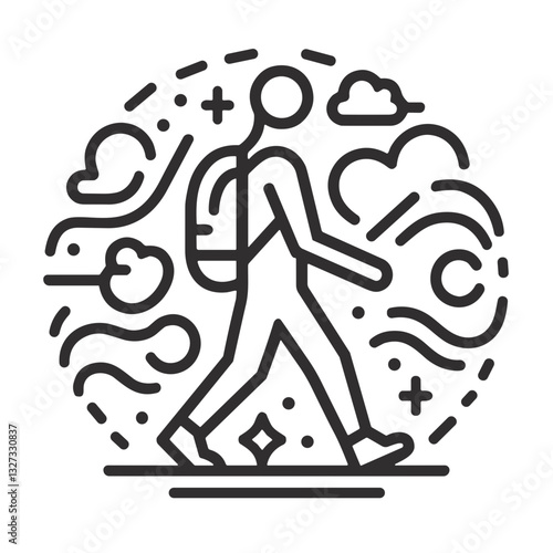 Walking workout illustration featuring a person with a backpack in a breezy environment, active lifestyle, copy space