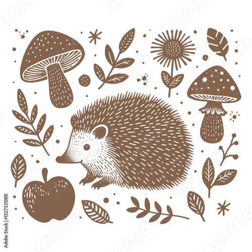 Minimalistic hand-drawn hedgehog with mushrooms and leaves in brown and white