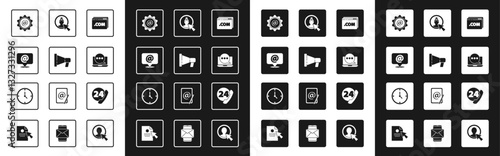 Set Website template, Megaphone, Mail and e-mail, Chat messages notification laptop, Create account screen, Telephone 24 hours support and Clock icon. Vector