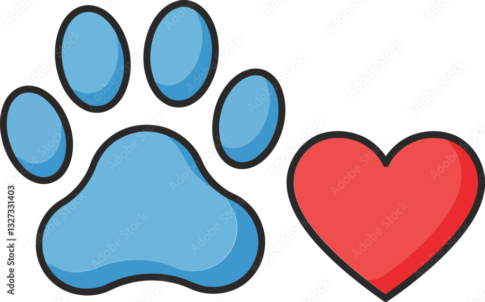 Blue paw print and red heart symbolizing love for pets in a minimal and playful design style vector art