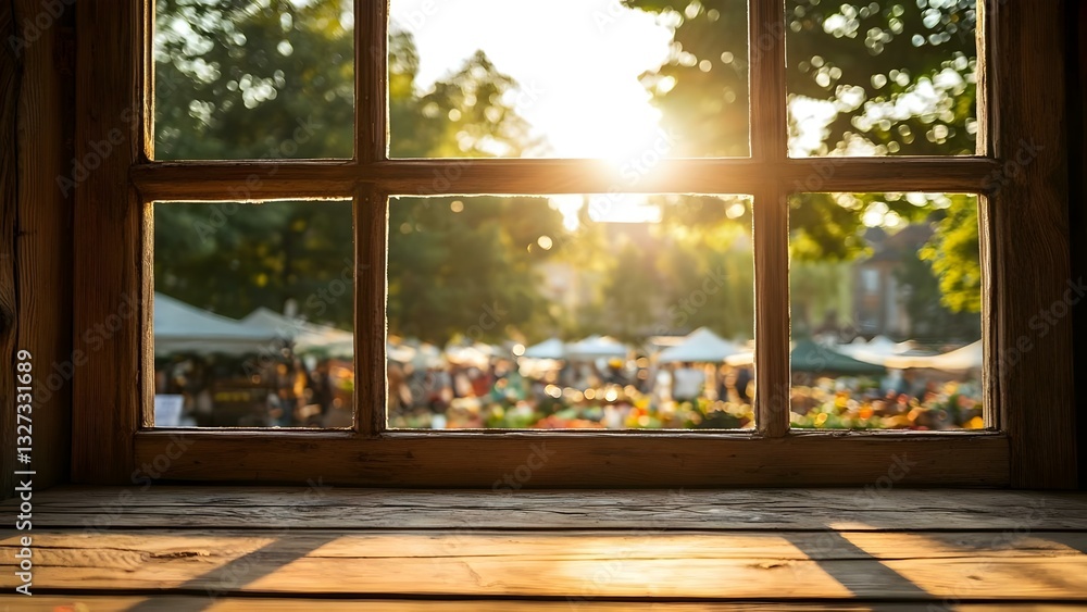 A sunlit view through a window, overlooking a lively outdoor market with stalls and people in the background. Concept Sunlit Window View, Outdoor Market Scene, Lively Stalls, People Watching A sunlit view through a window, overlooking a lively outdoor market with stalls and people in the background. Concept Sunlit Window View, Outdoor Market Scene, Lively Stalls, People Watching