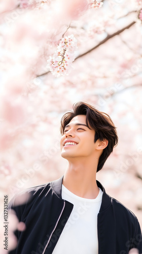 はる 春 日本人 日本 桜 さくら 男性 モデル スマイル 微笑み ポートレート 顔 ピンク 空白 コビースペース