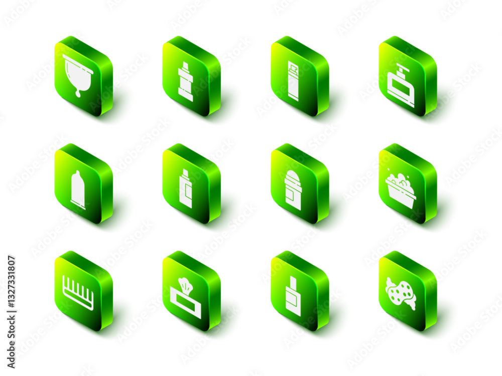 Set Bottle for cleaning agent, Shaving gel foam, of shampoo, Basin with soap suds, Sponge, Antiperspirant deodorant roll, and Wet wipe pack icon. Vector Set Bottle for cleaning agent, Shaving gel foam, of shampoo, Basin with soap suds, Sponge, Antiperspirant deodorant roll, and Wet wipe pack icon. Vector