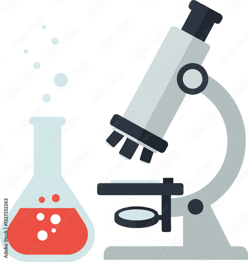 Laboratory microscope and scientific flask with bubbling red liquid in a minimal flat design vector illustration
