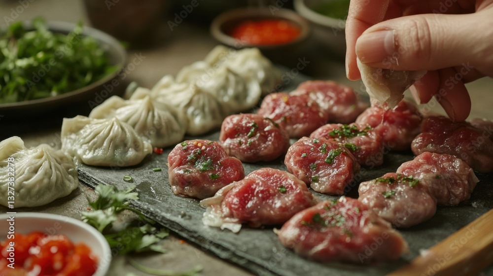 Preparing delicious dumplings with fresh meat and herbs kitchen cooking tutorial cozy atmosphere close-up culinary art Preparing delicious dumplings with fresh meat and herbs kitchen cooking tutorial cozy atmosphere close-up culinary art