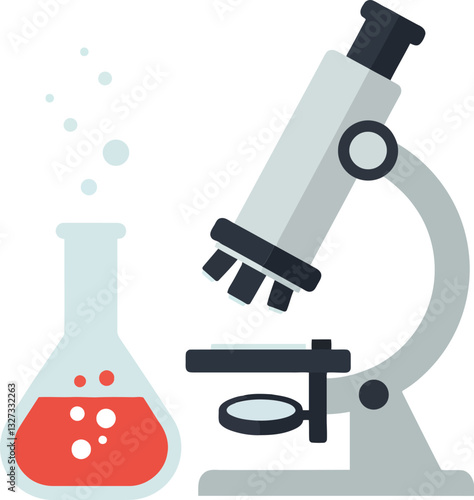 Obraz na płótnie Laboratory microscope and scientific flask with bubbling red liquid in a minimal flat design vector illustration w salonie