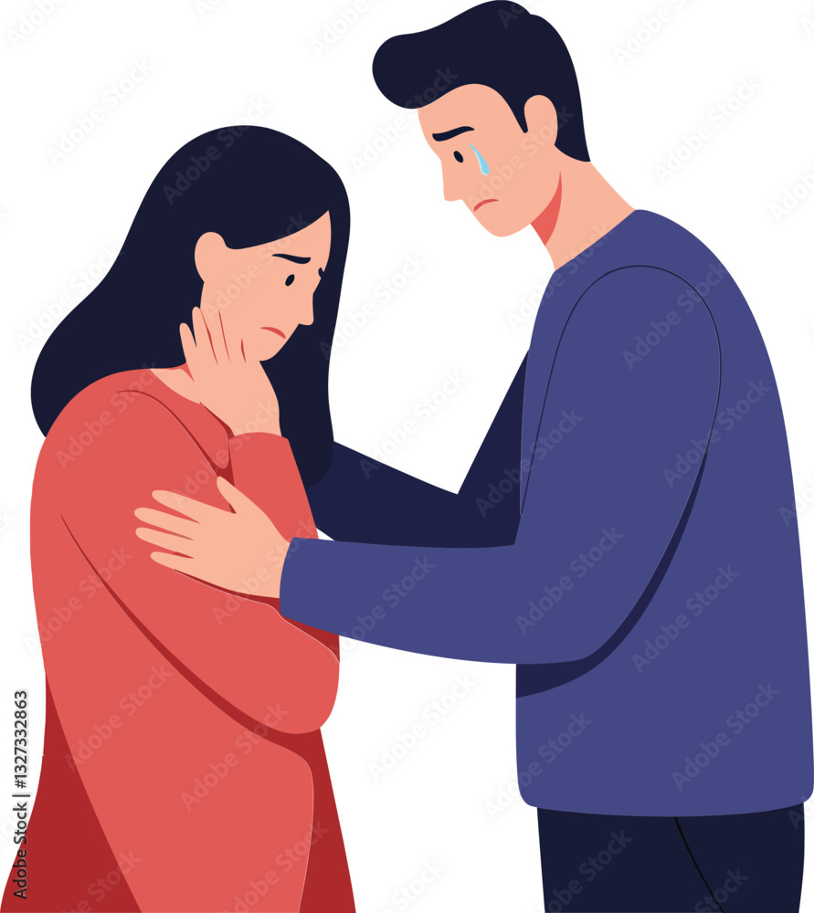 A caring man comforting a sad woman in a flat, minimal design style vector illustration showcasing empathy and emotional support in a simple setting