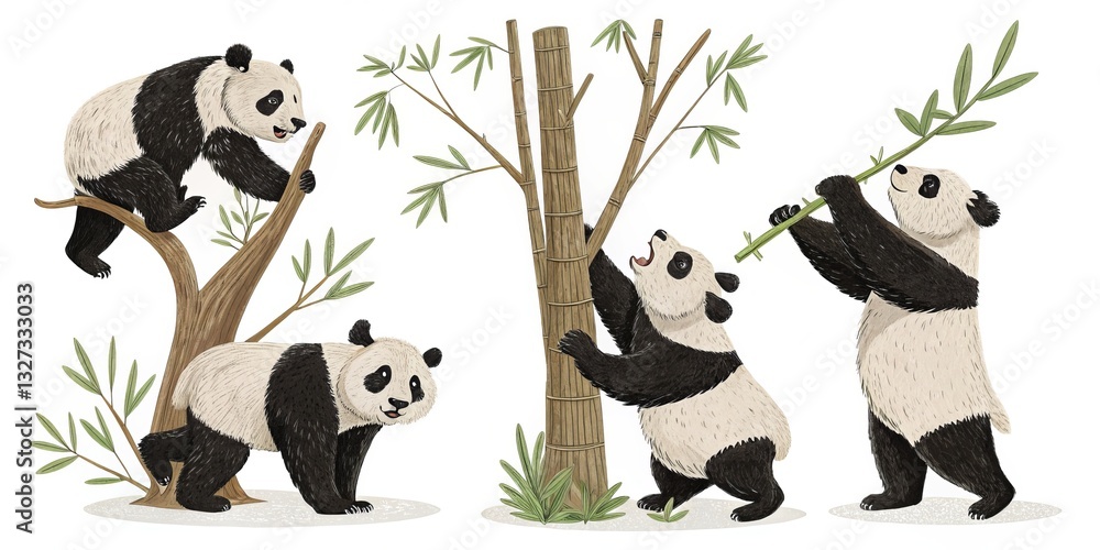 Obraz premium Cute Pandas Climbing Bamboo, Animal, Illustration