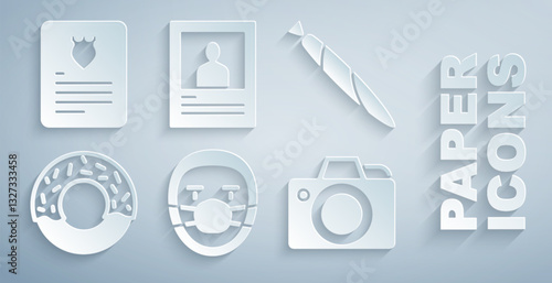 Set Doctor pathologist, Marijuana joint, Donut, Photo camera, Wanted poster and The arrest warrant icon. Vector