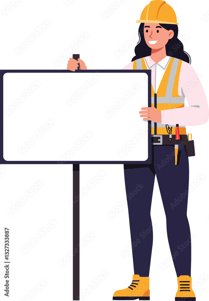 Construction worker holding a blank sign in a minimal flat design vector illustration showcasing safety gear and a professional demeanor Construction worker holding a blank sign in a minimal flat design vector illustration showcasing safety gear and a professional demeanor