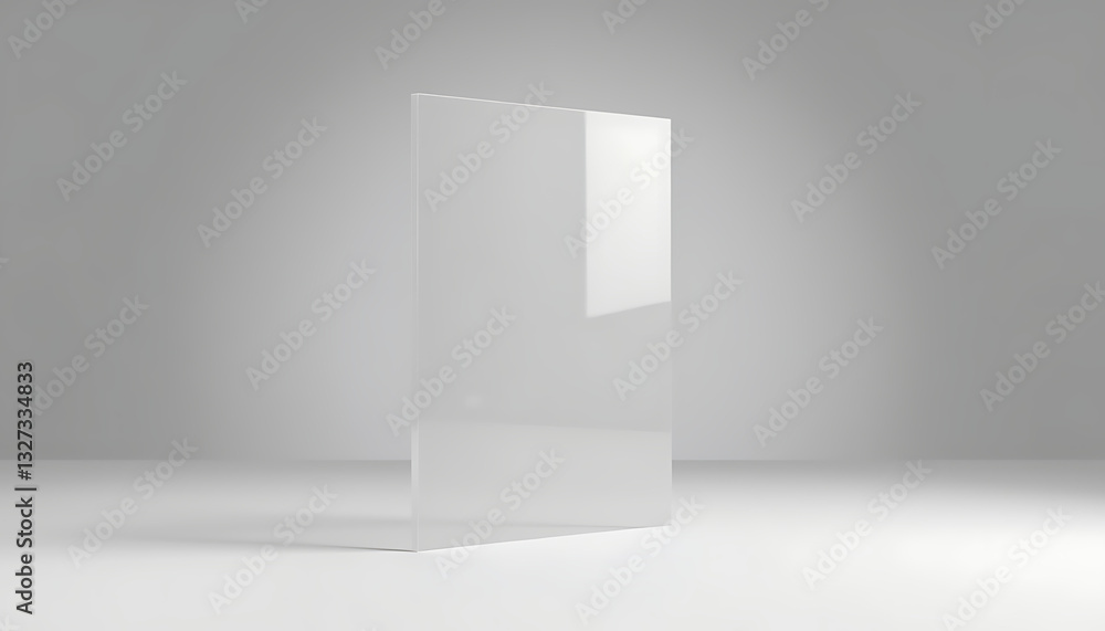 Obraz premium Transparent acrylic business card mockup standing on a neutral background with soft lighting.