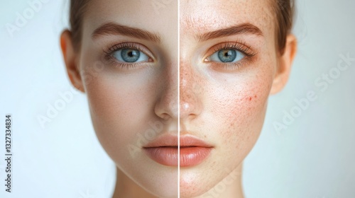 Half face of a young woman illustrating the transformation before and after cosmetic skin treatment addressing acne and melasma concerns