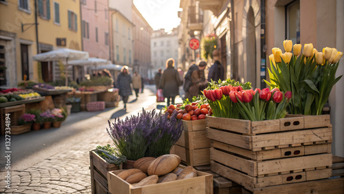 Bustling Spring Market Street with Fresh Flowers and Vegetables