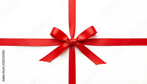  Elegant red satin ribbon bow tied on a white background.