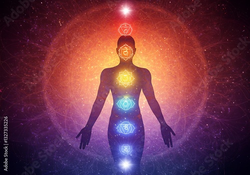 Chakra Alignment Silhouette with Glowing Energy Centers for Meditation Practices